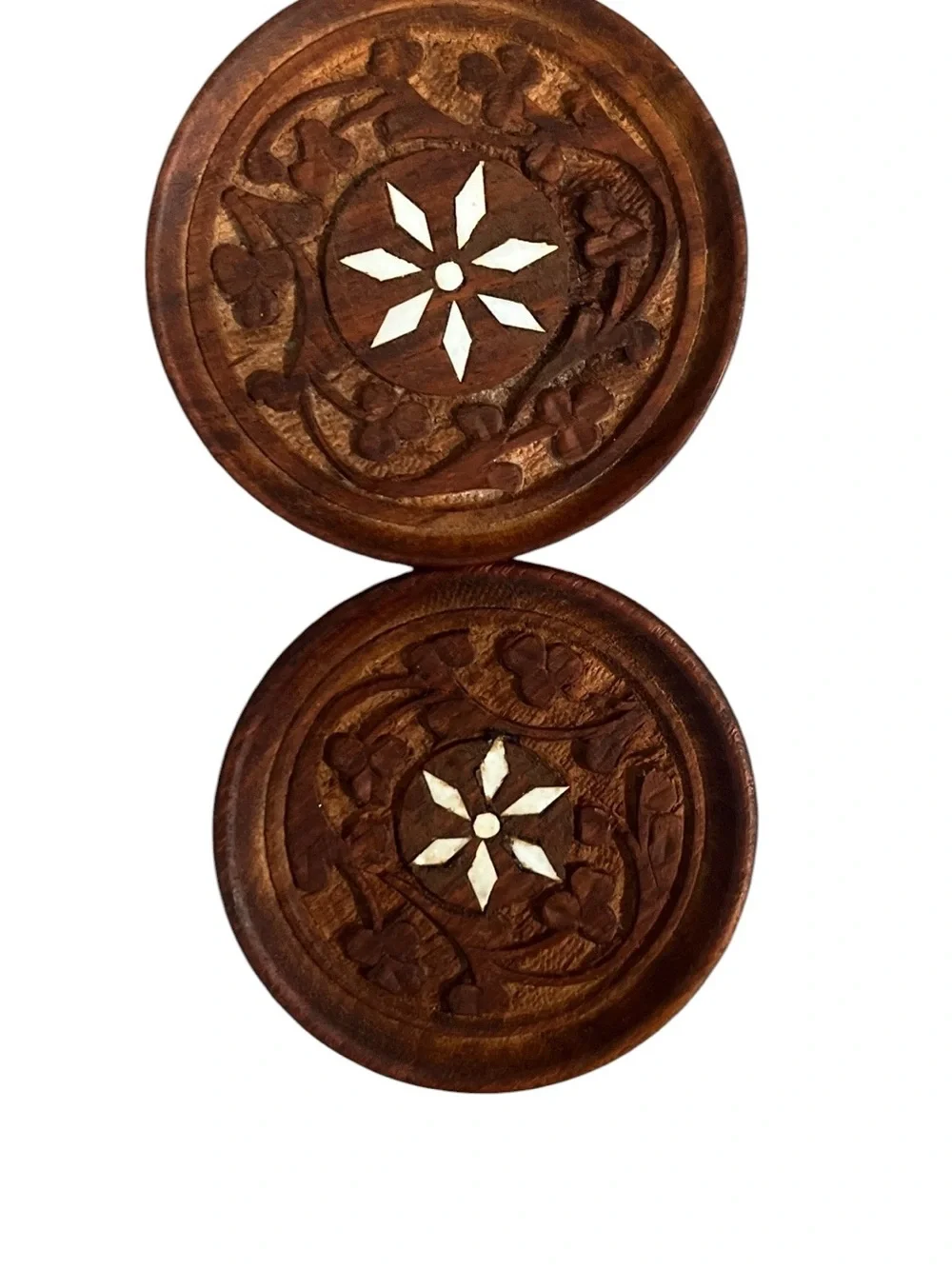 *NFS*Vintage Hand Carved Wood Coasters With Shell Inlay - Set of 6